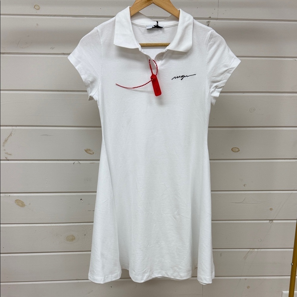 MSGM Piquet Cotton Flared Polo Dress White with Embroidered Logo NWT Kids 14